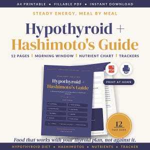May include: A 12-page A4 printable fillable PDF guide titled Hypothyroid + Hashimoto's Guide. The document features a dark blue cover with gold text, including sections for a morning window, nutrient chart, trackers, and a 7-day meal plan.