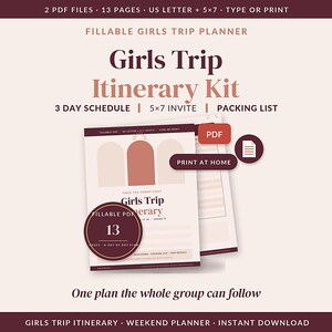 Girls Trip Itinerary Kit, Girls Trip Itenary Template Fillable PDF, Editable Weekend Planner, Bachelorette Invitation, Packing List