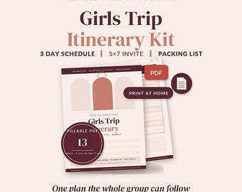 Kit de itinerario para viaje de chicas, plantilla de itinerario para viaje de chicas en PDF rellenable, planificador de fin de semana editable, invitación para despedida de soltera, lista de equipaje.