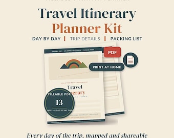 Kit de itinerario de viaje, plantilla de itinerario de viaje en PDF rellenable, planificador de vacaciones editable, cronograma de viaje en cabaña, invitación, lista de equipaje.