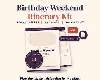 Kit de itinerario para fin de semana de cumpleaños, plantilla de itinerario de cumpleaños en PDF rellenable, planificador de viaje editable, cronograma de fiesta, invitación, lista de equipaje.