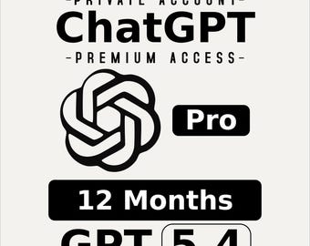 May include: An image with the text "-PRIVATE ACCOUNT- ChatGPT -PREMIUM ACCESS-". Below the text is a black and white logo, a black rectangle with the word "Pro", a black rectangle with "12 Months", and the text "GPT 5.4".