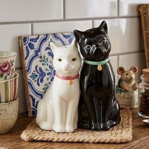 May include: A pair of ceramic cat salt and pepper shakers, one white with a pink collar and one black with a green collar, sitting on a woven mat. The white cat has a gold charm, and the black cat has a gold charm. Both have painted facial features.