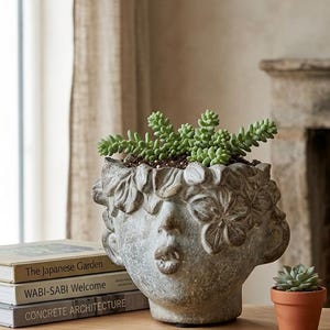 Peut inclure: Un pot de fleurs gris et patiné en forme de tête avec une couronne florale texturée, contenant une plante succulente verte. Le pot est posé à côté d'un petit pot en terre cuite avec une succulente et une pile de livres intitulés The Japanese Garden, WABI-SABI Welcome et CONCRETE ARCHITECTURE.