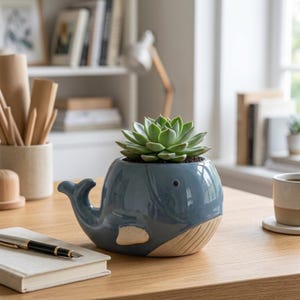 Peut inclure: Un pot de fleurs en céramique bleue brillante en forme de baleine avec un petit œil noir, une nageoire claire et des stries claires texturées sur le dessous. Une plante succulente verte est plantée dans l'ouverture supérieure du récipient.