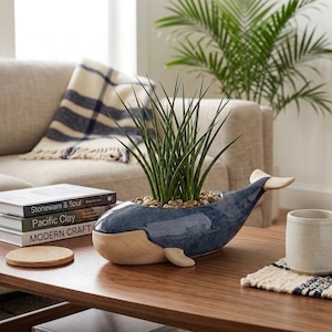 May include: A whale-shaped ceramic planter with a glossy dark blue finish on the top and a matte tan finish on the bottom, containing a green spiky plant and small decorative pebbles nestled within the opening on the whale's back.