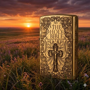 Może przedstawiać: Złota zapalniczka ze zdobieniami i napisem "THE HOLY BIBLE". Projekt zawiera krzyż z wizerunkiem Jezusa. Zapalniczka jest ustawiona na tle zachodu słońca nad polem.