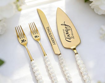 Personalisiertes graviertes Kuchenmesser 4-teiliges Set, graviertes Hochzeits- oder Jubiläumskuchenschneiden Geschenk für Paare