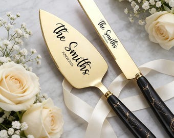 Juego de 2 cuchillos para pastel grabados personalizados, juego de cubiertos para pastel de bodas personalizados / cubiertos para postre de ceremonia de boda