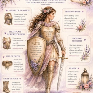 May include: A poster titled The Armor of God featuring a central figure in ornate gold armor holding a shield labeled Faith and a sword. Surrounding text details biblical components like the Helmet of Salvation, Breastplate of Righteousness, and Belt of Truth, decorated with soft pink and purple floral illustrations.