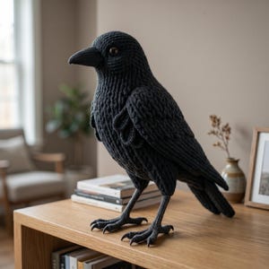 May include: A large, black knitted crow sculpture with detailed texture. The bird has a prominent beak, realistic eyes, and stands on a wooden surface. The sculpture is a decorative item, suitable for home decor.