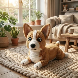 Puede incluir: Un perro corgi tejido a ganchillo tumbado sobre una alfombra beige. El perro tiene pelaje marrón y blanco, orejas grandes y una nariz negra. El fondo incluye una ventana, plantas y un sofá.