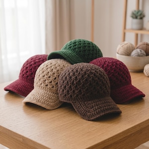 May include: A collection of crocheted baseball caps in various colors, including burgundy, beige, brown, and green. The caps are arranged on a wooden surface, showcasing their textured, open-weave design and classic visor shape.