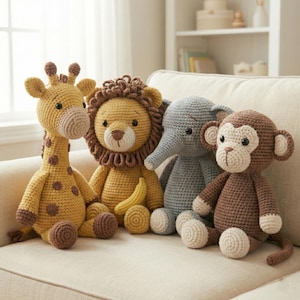 Amigurumi Crochet Animal set- Giraffe,Lion,Elephant,Monkey, PDF, English, German pattern