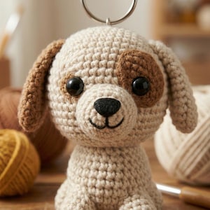 Puede incluir: Un llavero de perro tejido a ganchillo en beige y marrón. El perro tiene un cuerpo beige claro, orejas marrones y una mancha marrón sobre un ojo. Tiene ojos de botón negros y una nariz negra. Un anillo de metal plateado está unido en la parte superior.