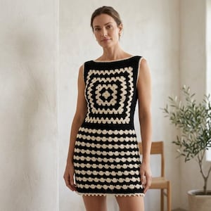 Op de afbeelding: Een mouwloze, zwart-crèmekleurige gehaakte jurk. De jurk heeft een vierkant patroon op het lijfje en een gestreept patroon op de rok. De halslijn en randen zijn afgewerkt in crème.
