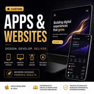 May include: A black background graphic featuring a laptop and smartphone displaying digital interfaces. Text includes CUSTOM APPS & WEBSITES, DESIGN. DEVELOP. DELIVER., and MODERN DESIGNS. POWERFUL RESULTS. Icons represent mobile, web, UI/UX, and security.