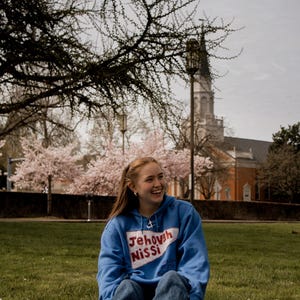 Upcycled Nike Hoodie – Jehovah Nissi Banner Appliqué, Embroidered Faith Statement