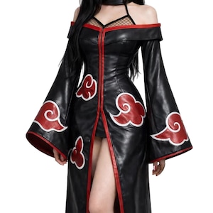 May include: Black off-the-shoulder cosplay dress with red cloud designs and trim. The long-sleeved dress features a front zipper and a high slit. The sleeves have flared cuffs with red and white cloud patterns. A choker and fishnet top are visible.