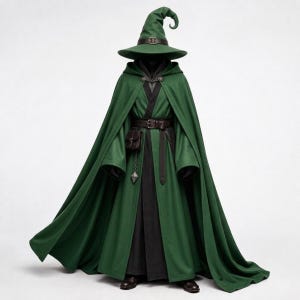 Grön trollkarldräkt, fantasimagikermantel med huva, medeltida cosplay-dräkt, renässans-lajvdräkt, Ren Faire-dräkt