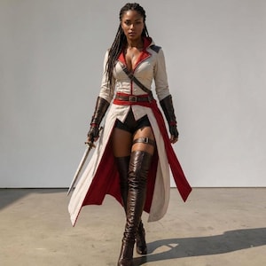 Puede incluir: Una mujer con un abrigo largo blanco y rojo con cinturón marrón y botas altas a juego. El abrigo tiene un interior rojo y se combina con pantalones cortos negros. Sostiene una espada y lleva guantes de cuero marrones.