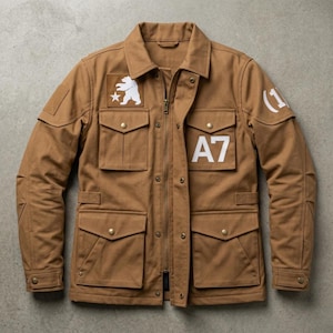 May include: Brown utility jacket with multiple pockets, a zip-up front, and a collared neckline. Features white patches with a bear and star graphic, the number "1", and the letters "A7".