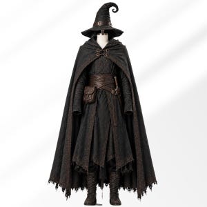 May include: A dark charcoal gray costume set featuring a tall, pointed witch hat with a curled tip, a long hooded cloak with distressed edges, a textured tunic, a wide brown leather-style belt with an attached pouch, and dark lace-up boots.