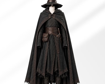Dark Wizard Costume, Fantasy Wizard Cosplay Outfit, Medieval Sorcerer Robe with Cloak, Hat, Belt & Staff, LARP Costume, Wizard Costume