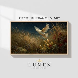 May include: A framed artwork featuring a white dove in flight over a field of tall grass and wildflowers. The artwork has a dark blue sky background. The text "PREMIUM FRAME TV ART" and "LUMEN SCREEN ART" are visible.