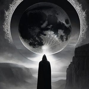 Puede incluir: Una obra de arte digital en escala de grises que presenta una figura encapuchada de pie sobre un afloramiento rocoso, mirando una luna detallada. La luna está enmarcada por un borde circular ornamentado, con un paisaje montañoso de fondo.