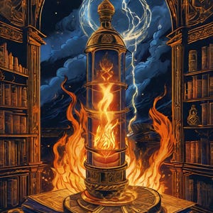 Könnte beinhalten: Künstlerische Illustration einer mystischen Szene. Eine zylindrische Struktur mit goldenem Deckel und Sockel enthält einen feurigen Kern, umgeben von Flammen. Blitze und ein bewölkter Himmel bilden den Hintergrund, mit Bücherregalen auf beiden Seiten.