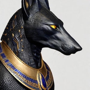 Puede incluir: Escultura detallada de Anubis, el dios egipcio del más allá, representado como una figura negra con cabeza de chacal. La escultura presenta detalles dorados y azules en el collar y las orejas, con penetrantes ojos amarillos.