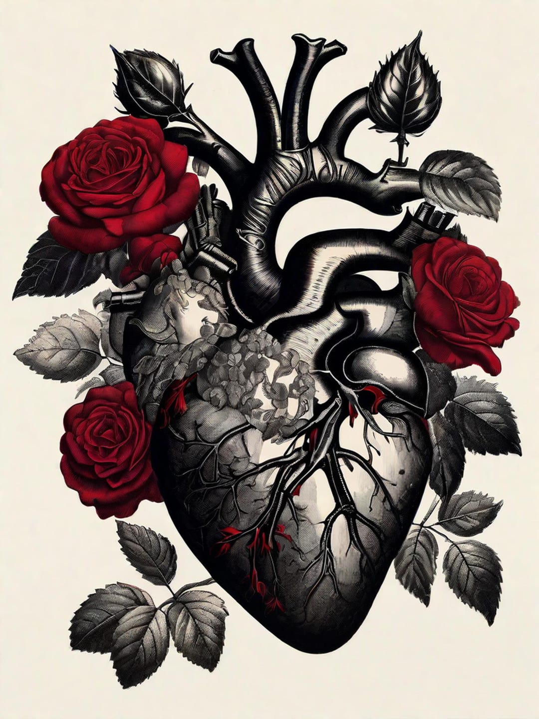 Anatomical Heart Engraving Art Print | Black Heart Red Roses Gothic ...