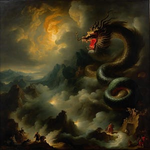 Puede incluir: Una pintura al óleo representa un gran dragón con boca roja y escamas detalladas, serpenteando por un paisaje montañoso y nublado. El dragón es el punto focal, sobre un fondo de cielos dramáticos y picos distantes, con figuras al pie de las montañas.