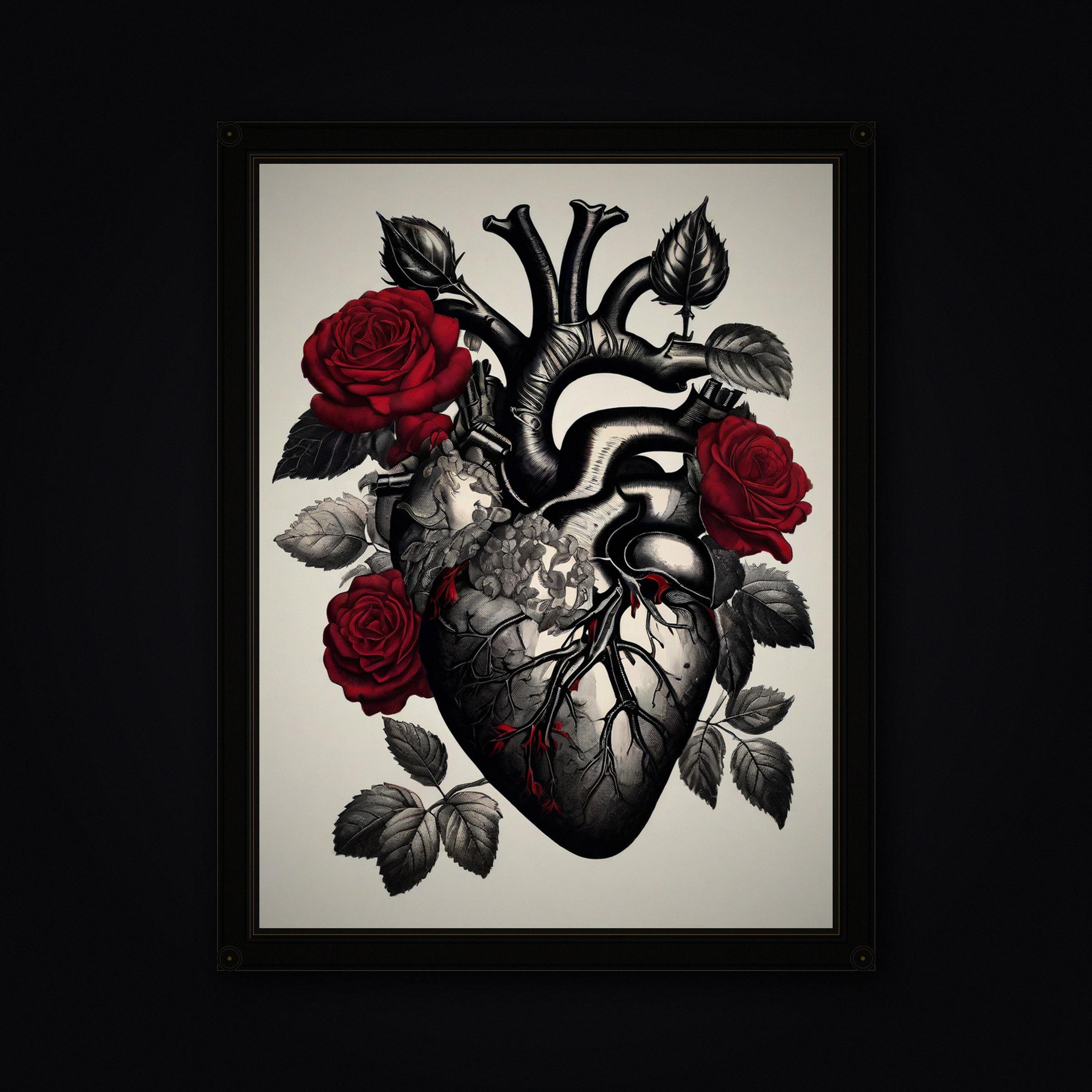 Anatomical Heart Engraving Art Print | Black Heart Red Roses Gothic ...