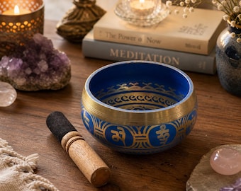 Juego de cuencos tibetanos para meditación, sanación sonora y decoración. Cuenco azul de latón.