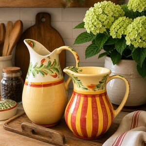 May include: Two ceramic pitchers with floral and striped designs. One pitcher is yellow with red stripes, the other is yellow with green and red floral patterns. They sit on a wooden tray, with a green plant in the background.