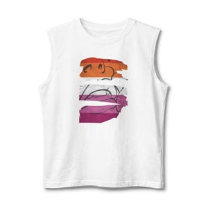 May include: A white sleeveless shirt featuring a central graphic design composed of three horizontal, brushstroke-style bands. The bands display a gradient of colours ranging from orange at the top to pink and deep magenta at the bottom, with black line art.