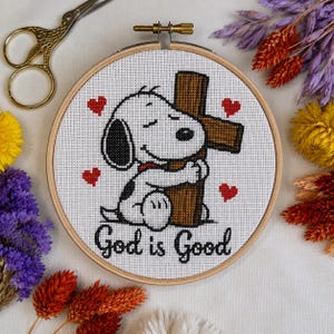 Snoopy Inspired "God is Good" Cross Stitch Pattern | Christian Home Decor (PDF Download)