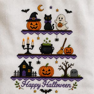 May include: A white fabric cross-stitch piece featuring three purple-trimmed shelves with Halloween motifs including jack-o'-lanterns, a black cat, a ghost, a cauldron, a broom, a house, a tree, a tombstone, and the text Happy Halloween.