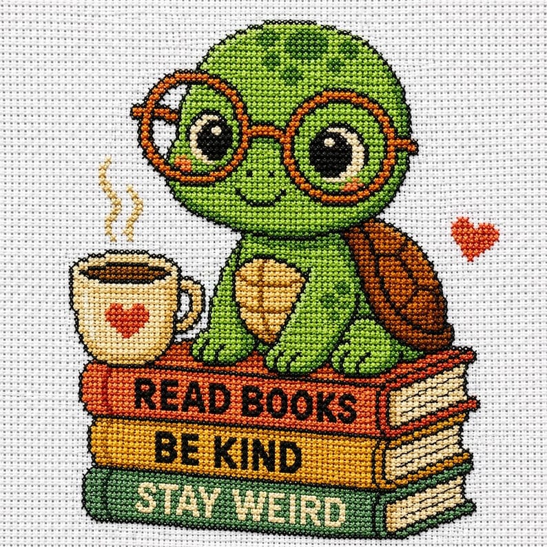 Op de afbeelding: Kruissteekontwerp van een groene schildpad met een bril, zittend op een stapel boeken. De boeken lezen "Read Books, Be Kind, Stay Weird". Een kopje koffie met een hart en een klein hartje staan ook in de afbeelding.