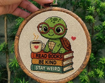 Modèle de point de croix de livres de lecture de tortue, conception de broderie d'amant (téléchargement PDF)