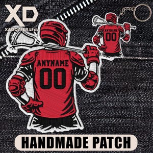 May include: Embroidered red lacrosse player patch with the text "ANYNAME" and the number "00". A matching keychain is also visible. The patches are labelled "HANDMADE PATCH". The background is a dark denim.