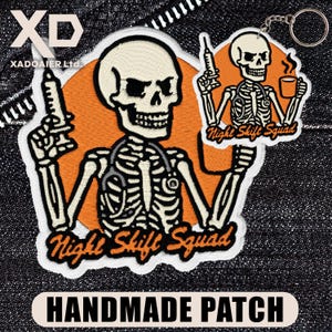 Night Shift Squad Funny Skeleton Nurse RN Healthcare Worker Medical Humor Embroidered Patch Iron On Keychains Hook & Loop For Jacket Jeans