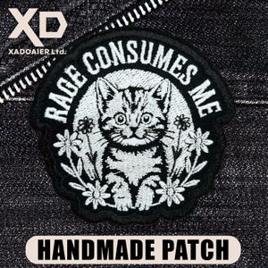 Cat Rage Consumes Me Embroidered Patch Iron On Keychains Hook & Loop Funny Cat Patch Cute Kitten Flower Sarcastic Cat Lover Badge for Jacket