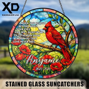 Custom Name Red Cardinal Memorial Stained Glass Suncatcher Personalized Grandma Family Sympathy Remembrance Gift Window Hanging Decor