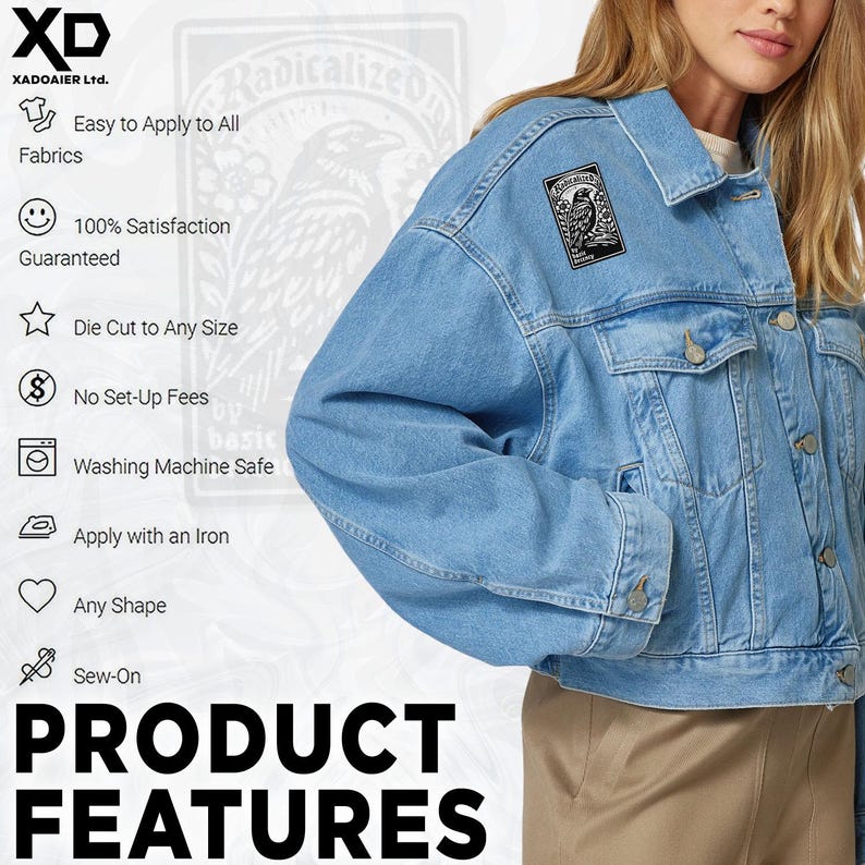 May include: A light blue denim jacket with a black and white patch featuring an illustration of a bird. The image also displays product features, including "Easy to Apply to All Fabrics" and "Washing Machine Safe."