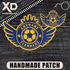 May include: A pair of embroidered patches and a keychain, all with a football and wing design. The patches are blue and yellow, with the text "ANYNAME TEAMNAME". The keychain has a similar design. The words "HANDMADE PATCH" are at the bottom.