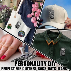 May include: A collage showcasing DIY personality patches on various items. Patches include a bird design, a raccoon, and a dumpster fire. Items include a tote bag, a baseball cap, and a green shirt. The text "PERSONALITY DIY" and "PERFECT FOR CLOTHES, BAGS, HATS, JEANS,..." are visible.