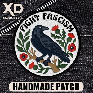 Fight Fascism Floral Crow Embroidered Patch Iron On Keychains Hook & Loop Protest Patch Pro Democracy Social Justice Badge for Jacket Hat